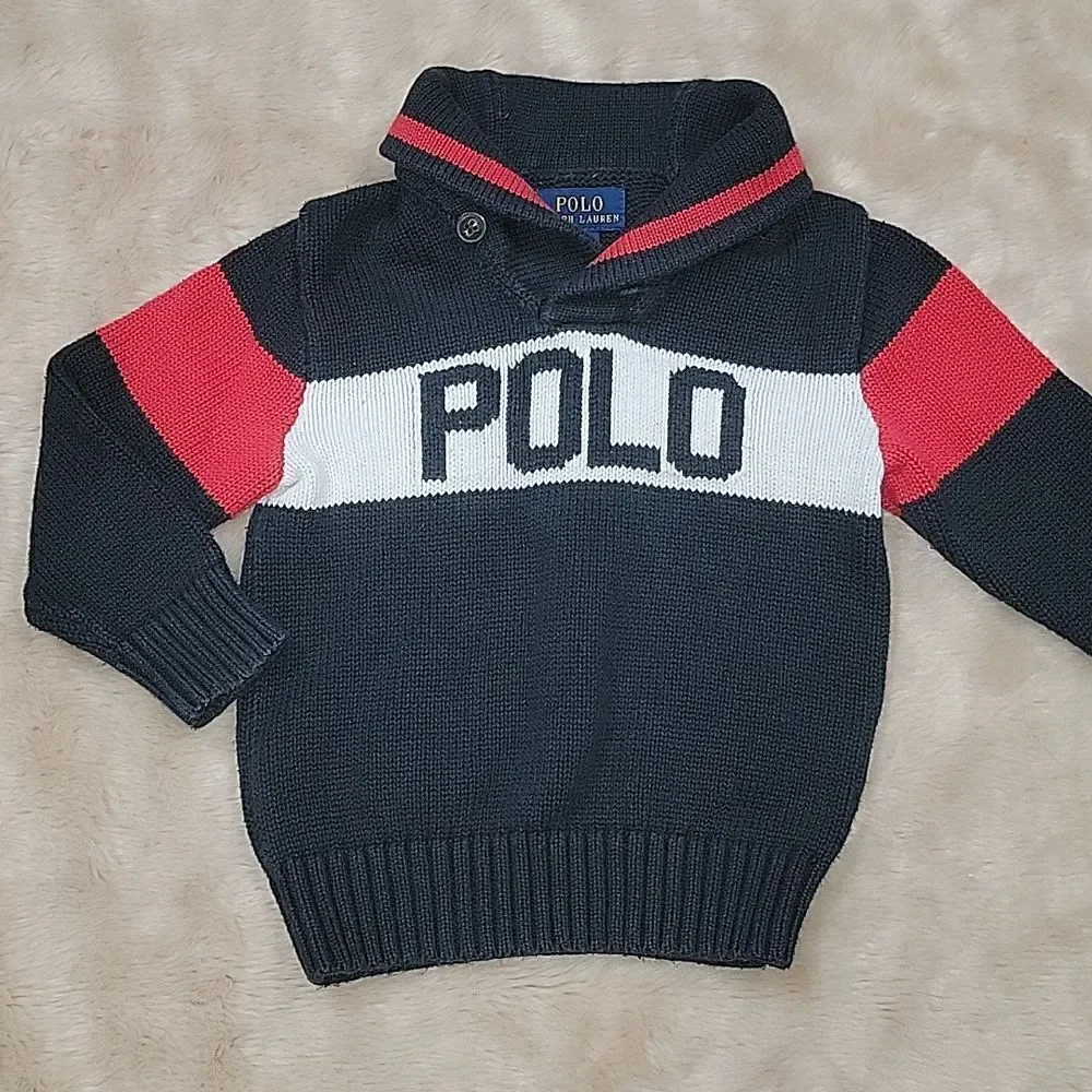 POLO RALPH LAUREN BLACK LOGO SHAWL COLLAR SWEATER, SIZE 3T